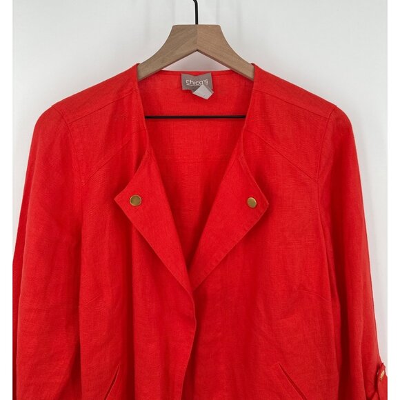 Chicos 100% Linen Open Front Blazer Women Medium (1)  Orange Long Cuffed Sleeve - Picture 2 of 7